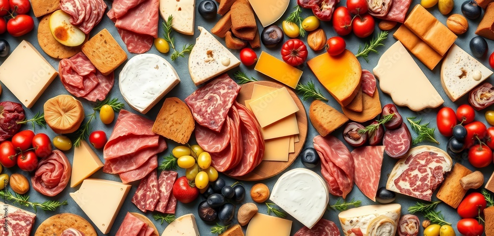 Fototapeta premium A delightful seamless pattern featuring an assortment of charcuterie board items, including cheeses, meats, fruits, and bread, ideal for wine pairings, italian, fingerfood
