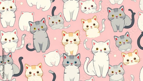 Adorable pastel house cats in a playful seamless pattern on a soft pink background, animal, soft