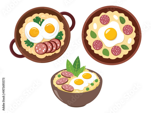 vector illustration of a Feijão Tropeiro (Beans Mixed with Cassava Flour, Sausage, and Eggs)