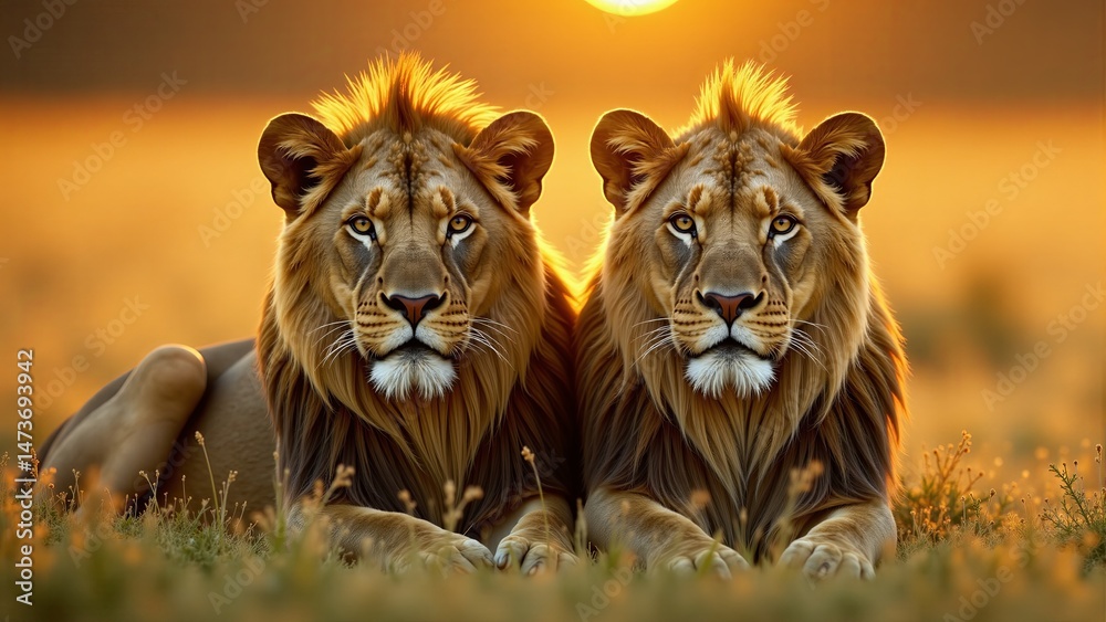 Obraz premium Two Lions Resting at Sunset