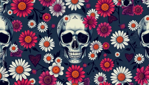 Seamless Halloween wallpaper featuring a floral skull pattern with daisies and skeleton elements, print, sugar skull