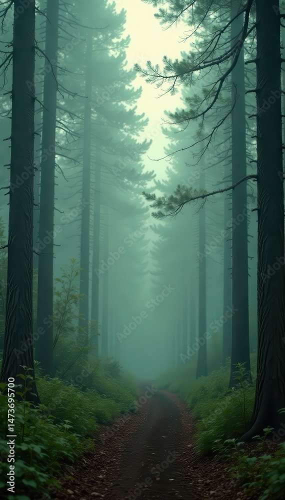 Obraz premium Vintage-styled photo, misty fir forest, muted tones, calm, foggy, exploration