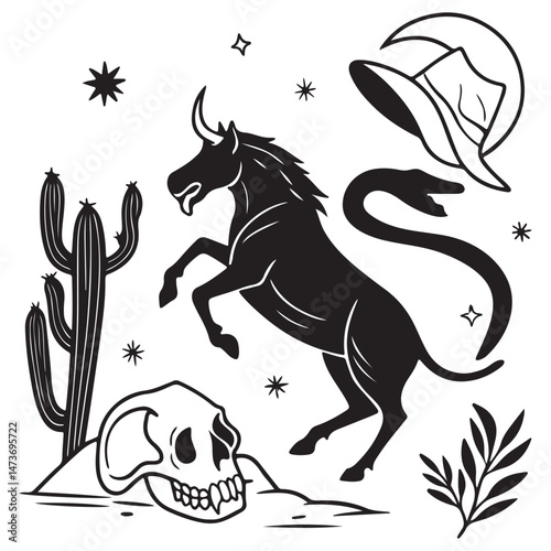. Linocut western boho set vector, Texas desert engraving print collection, vector canyon wildlife, cactus. 
Texture grunge Arizona rodeo graphics, bull, horse, snake, skull silhouette.