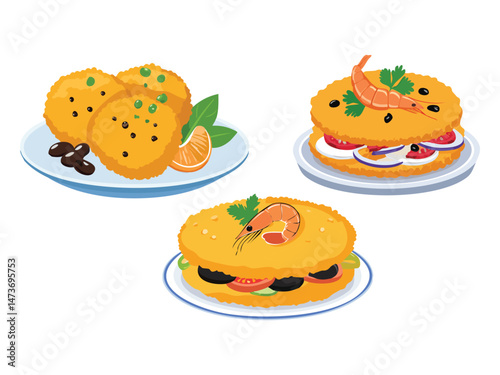 vector illustration of an Acarajé (Black-Eyed Pea Fritters Stuffed with Vatapá and Shrimp)