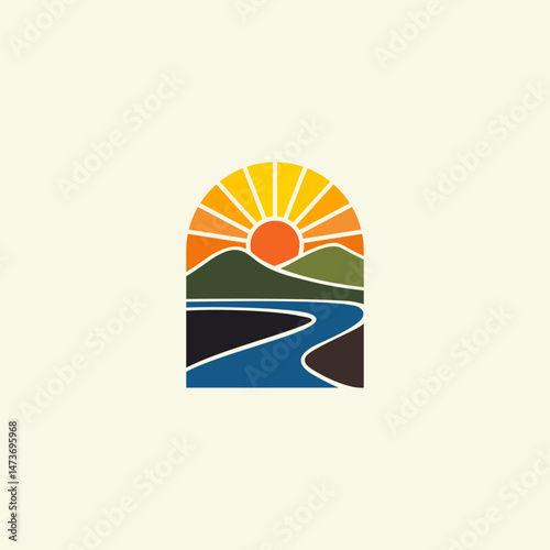 A vibrant, modern illustration of a landscape, featuring a sun, mountains, and a river in a stylized format. Perfect for nature-themed designs