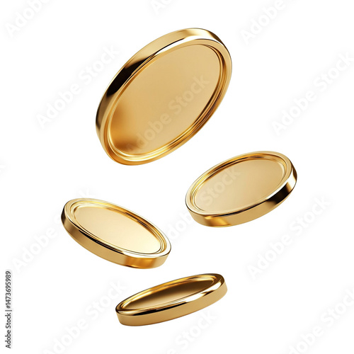 Floating gold coins in motion, isolated on transparent cutout background
