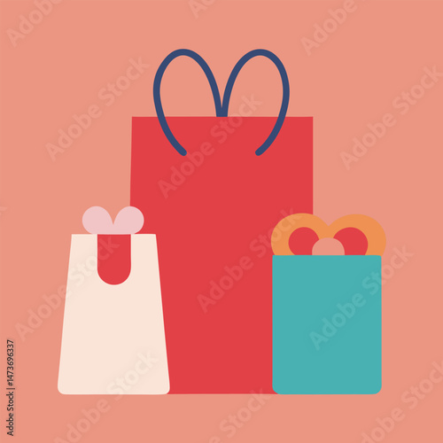 Vector illustration depicts shopping bags for retail sale, including a red gift bag and paper shopping bags, ideal for fashion and business purchases