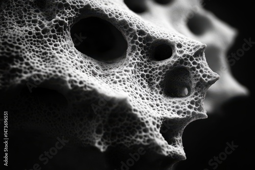 Close-up view of a textured, porous object.  Detailed surface with irregular holes and bumps.  Light and dark tones highlight the intricate design.  Abstract, rocky, or organic form