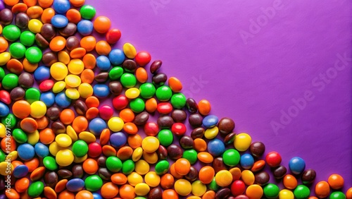 A colorful array of chocolate M&Ms candies scattered on a vibrant purple background with bright orange and yellow hues, confectionery, chocolates