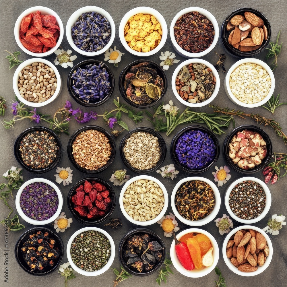 Assorted dried herbs and spices in small bowls (1) Assorted dried herbs and spices in small bowls (1)