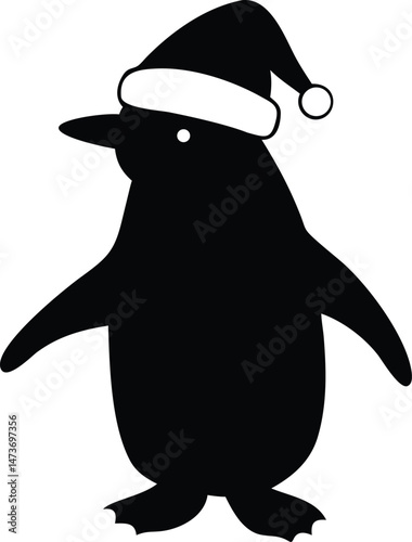 A cute cartoon vector illustration shows a happy black and white penguin animal wearing a fun Christmas hat
