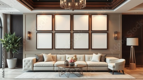 Modern and stylish wall art mockup displayed in a tastefully decorated interior setting, elegant, sleek, trendy