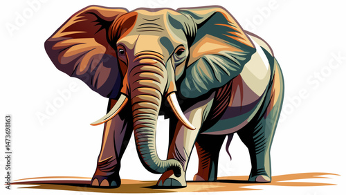 portrait A majestic African elephant is depicted walking slowly against a clean white background .Very beautiful