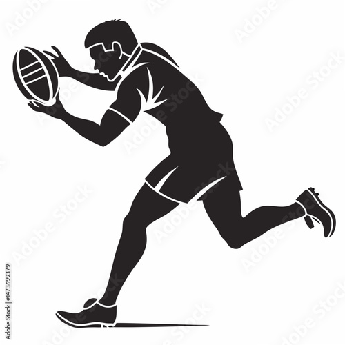 vector icon of a person playing rugby, black silhouette, white background, simple and clean design
