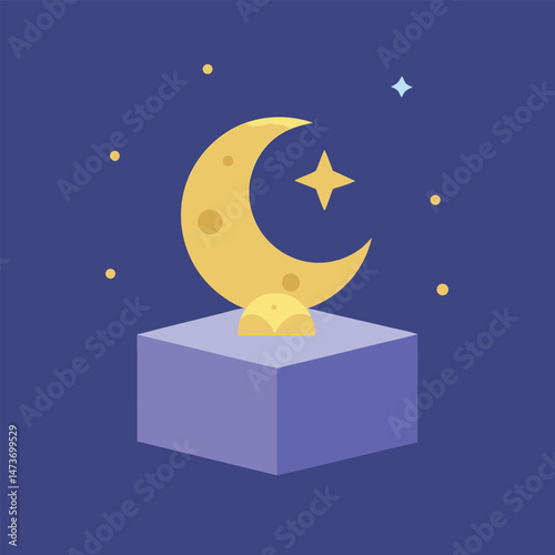 A fun cartoon vector illustration of a cat looking at the moon and stars in the dark night sky, perfect for a holiday card design