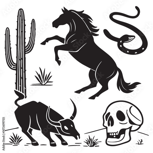 . Linocut western boho set vector, Texas desert engraving print collection, vector canyon wildlife, cactus. 
Texture grunge Arizona rodeo graphics, bull, horse, snake, skull silhouette.