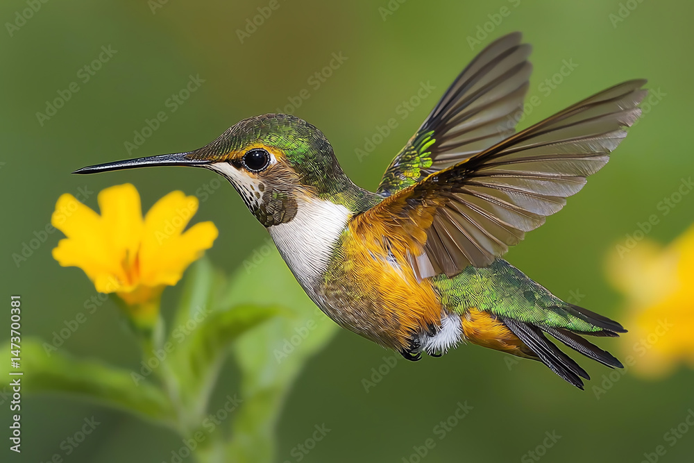 Obraz premium A vibrant hummingbird hovers above a bright yellow flower, showcasing its dazzling feathers in a lush green environment.