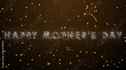Happy Mother's Day in neon color with twinkling particles background in 4K. Happy Mother's Day BG with copy space. Happy Mother's Day BG for greeting cards, social media posts, and advertisements.