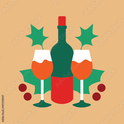 A vector illustration shows a wine bottle and glass, symbols of celebration and the bar beverage
