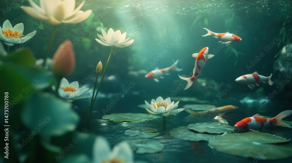 Fototapeta premium Koi fish swimming among white water lilies in a tranquil pond. Sunlight filters through the water, illuminating the aquatic plants and fish.