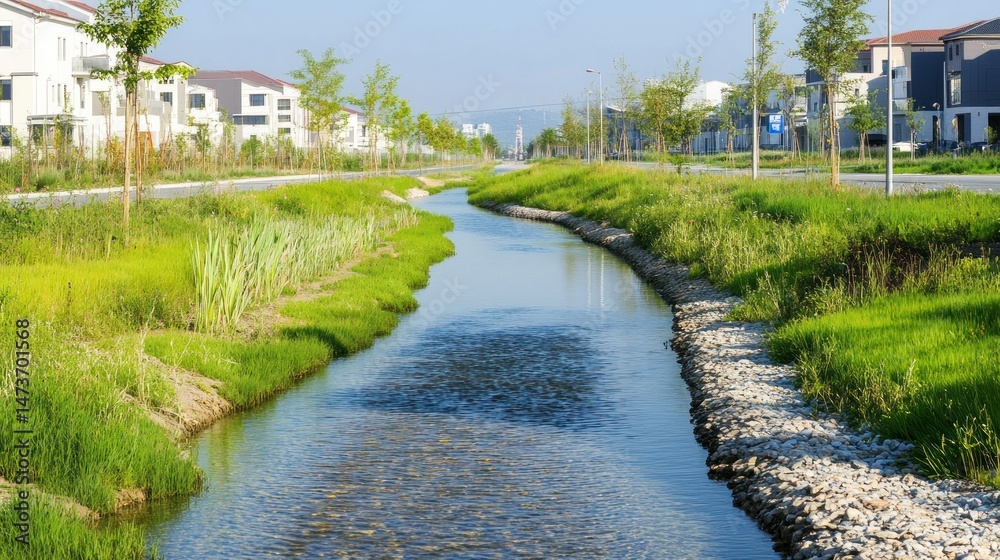 Fototapeta premium Urban waterway with landscaped banks