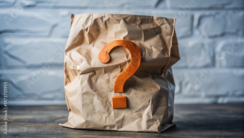 Mystery Package Unveiled: A close-up shot of a crumpled brown paper bag with a prominent question mark, symbolizing intrigue, surprise, and the allure of hidden contents. 