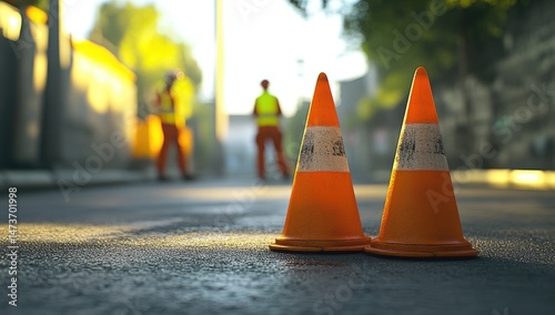 Two bright orange traffic cones mark a road closure, with blurred figures of construction workers in the background