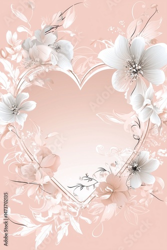 Vector wedding postcard design featuring floral heart in soft pink tones with decorative elements for love celebrations