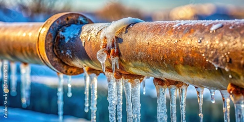 Frozen water pipe with rust formation and ice accumulation on its surface, icy, corrosion,  icy