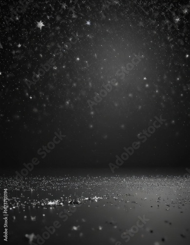 Dark backdrop with scattered silver glitter stars, twinkling pattern,  night,  shimmer,  sparkle