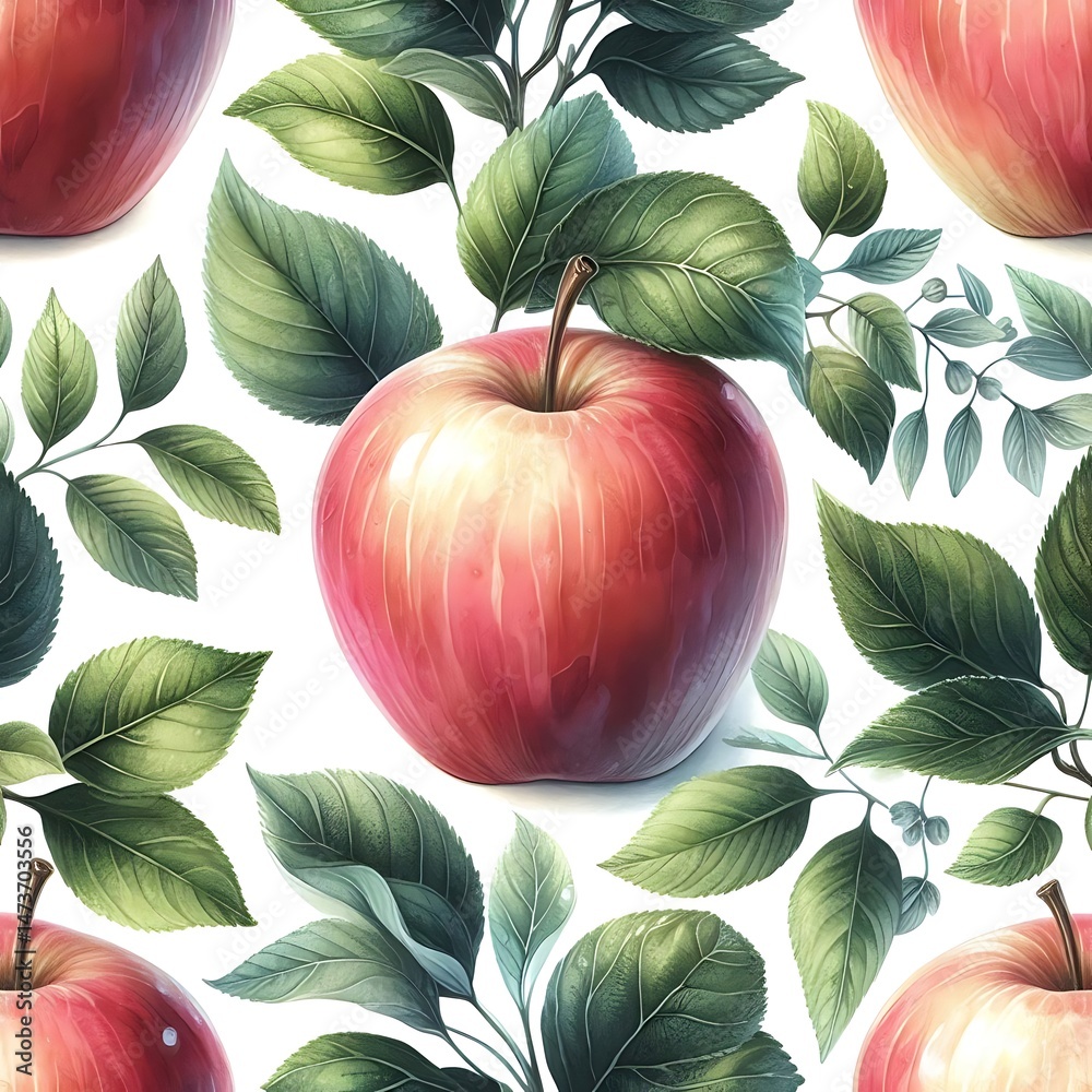 Obraz premium Watercolor-Inspired Seamless Apple Fruit Pattern – Realistic Botanical Design for Use in Wrapping Paper, Wallpaper, and Stationery