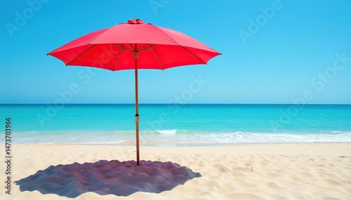 Bright red beach umbrella providing shade on a sunny beach , color, summertime, sand