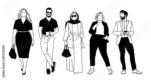 Set of modern business people standing full length in smart casual, formal office wear. Men, women with phone, coffee, bag. Hand drawn sketch style outline vector illustration, transparent background