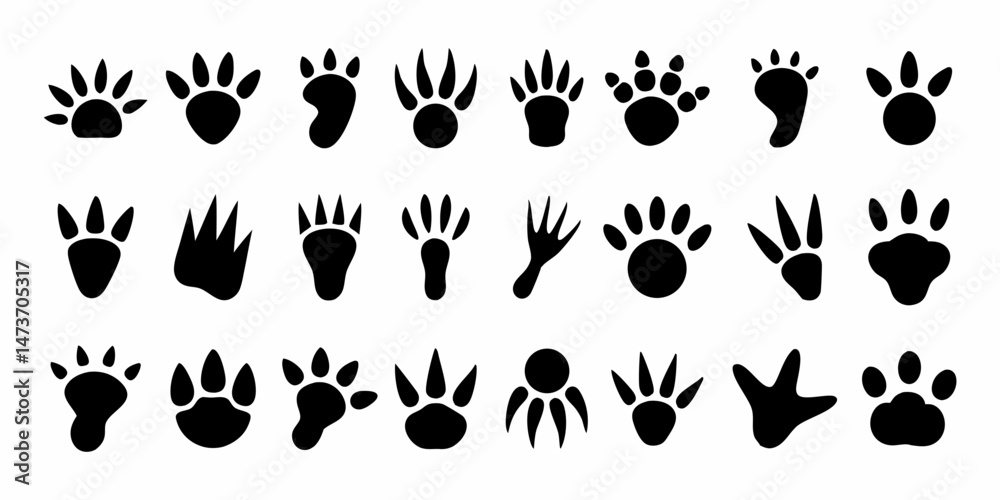 Fototapeta premium High contrast animal paw and footprint illustrations arranged in a horizontal sequence for identification