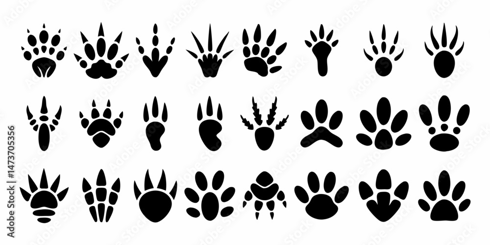 Fototapeta premium Black animal tracks icon set showcasing different paw print shapes of wild forest and domestic creatures