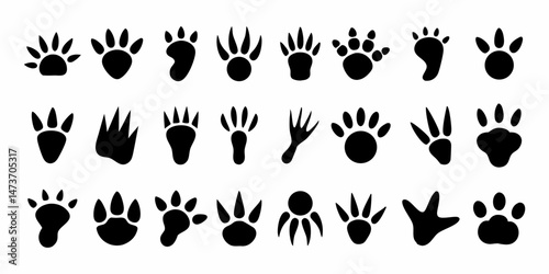 High contrast animal paw and footprint illustrations arranged in a horizontal sequence for identification