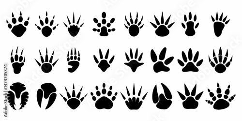 A collection of various animal footprint silhouettes featuring paws claws and tracks in black and white design