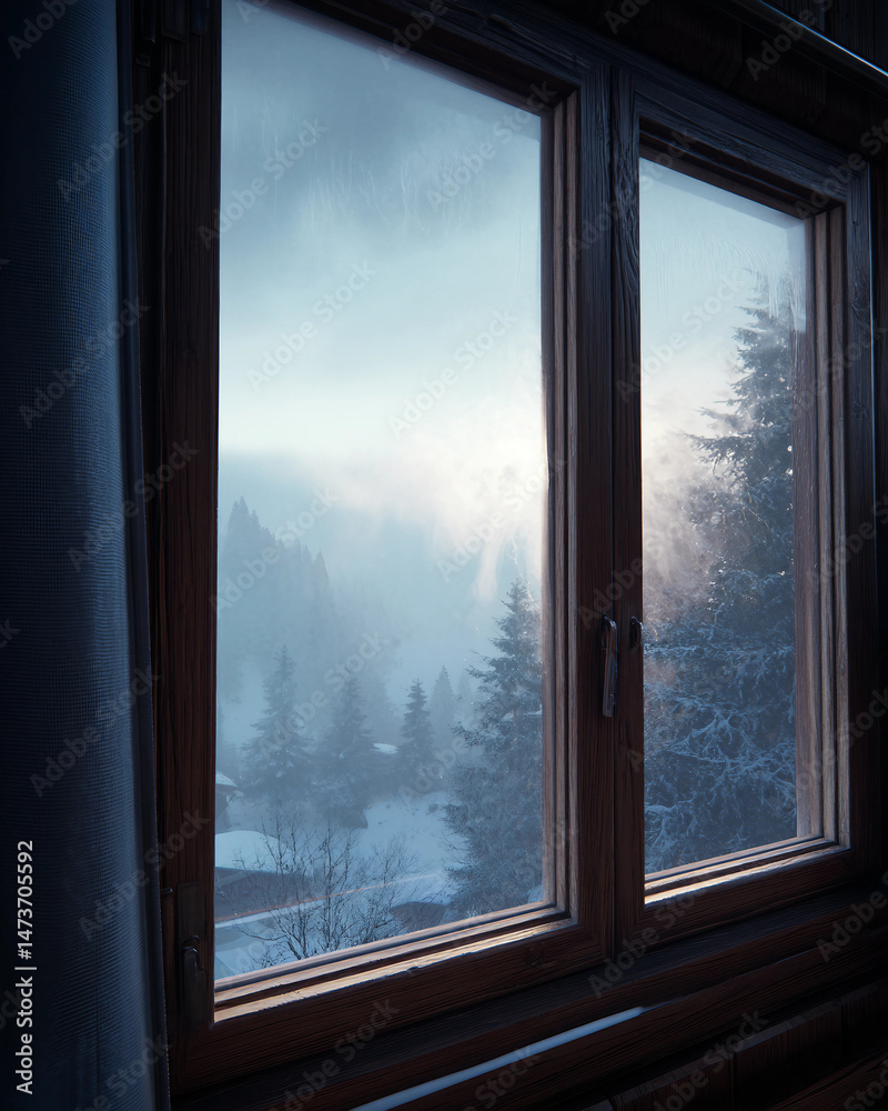 Fototapeta premium A window with a view of a snowy mountain