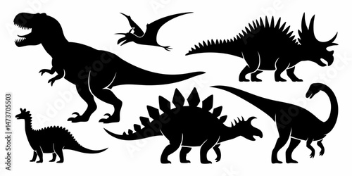 Collection of dinosaur silhouettes in black showing flying and walking species in bold graphic style