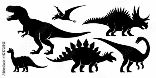 Fototapeta samoprzylepna Collection of dinosaur silhouettes in black showing flying and walking species in bold graphic style