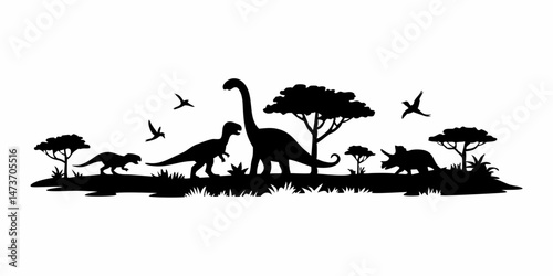 Dinosaur silhouette scene in prehistoric landscape with trees flying reptiles and ground animals in black