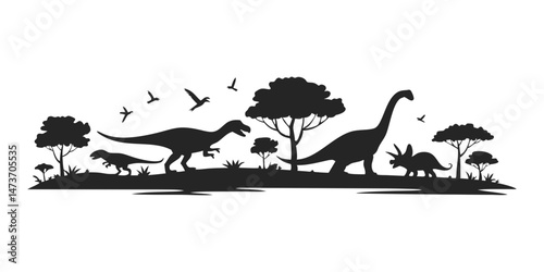 Black and white dinosaur scene featuring triceratops sauropods trees and pterosaurs in a natural setting