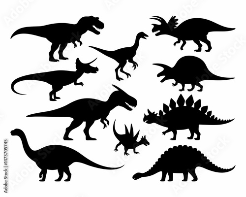 Prehistoric dinosaur vector icons in black showcasing carnivores herbivores and armored species in flat style
