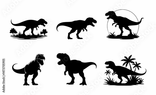 Set of six T rex dinosaur silhouettes in various poses with trees grass and scenery in black and white style