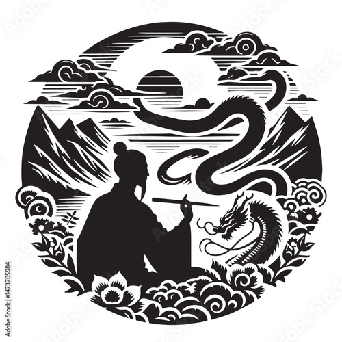 Xing Yi Quan (China) Silhouette line art vector illustration on white background