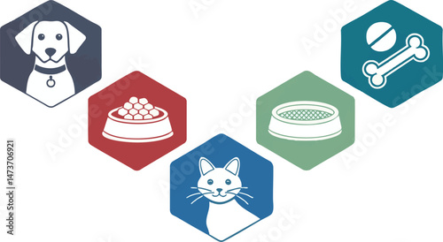 Flat Geometric Vector Icons of Pet Care Essentials — Dog, Cat, Leash, Bowl, Grooming & More