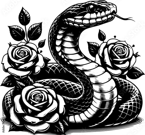 Snake With Flowers Silhouette Illustration, Vector Art