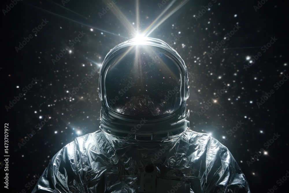 Naklejka premium A spacesuit-clad figure standing against the cosmos, illuminated by stars in the vast expanse of space.