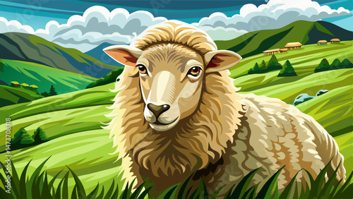 portrait Closeup detail portrait of a single unshorn domesticated sheep standing on green grass meadow farmland at Florence HIll Catlins Otago New Zealand. Very beautiful