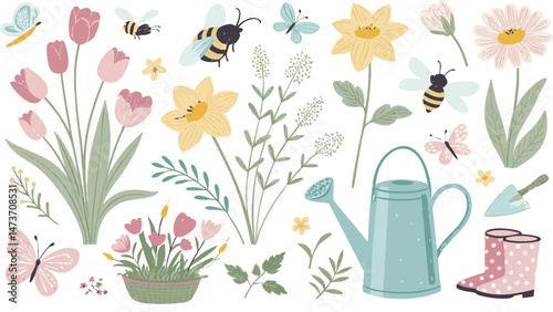 Flat-Style Illustration Pack of Refreshing Spring Elements with Soft Pastels, Flowers, and Gardening Tools